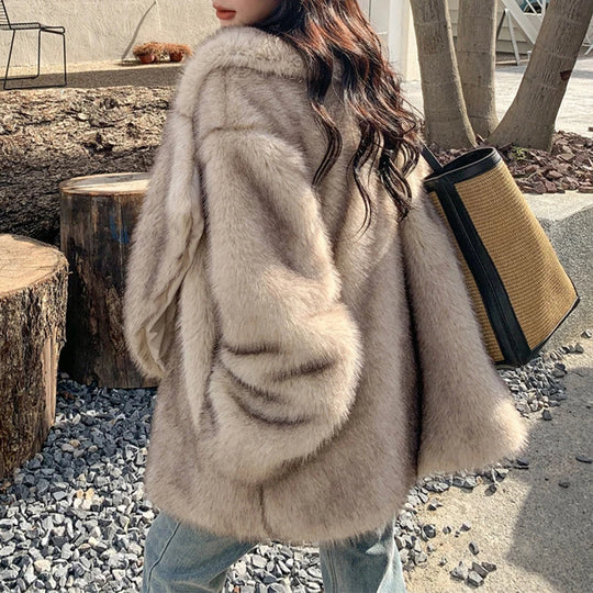 Luxury Brand Fashion Gradient Animal Color Faux Fur Coat Jacket Women