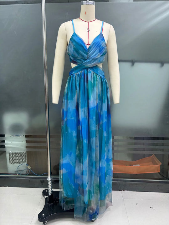 Spring/Summer New Mesh Printed Sling Dress Vacation Casual Gathering Dress
