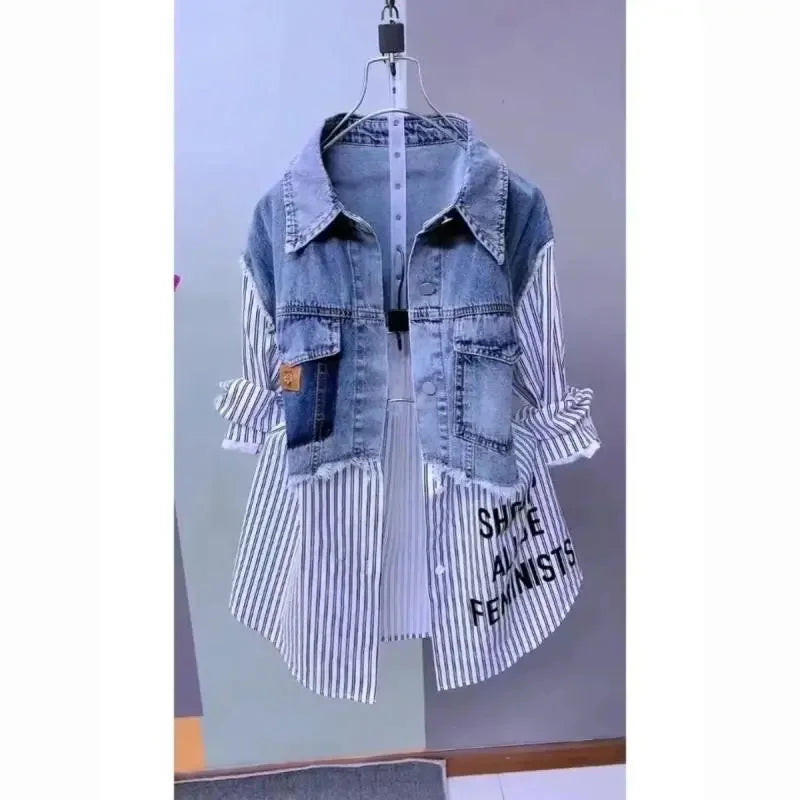 Fashion Striped Denim Jacket Women's Spring/Summer 2024 New Design