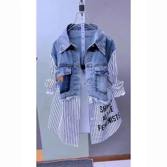 Fashion Striped Denim Jacket Women's Spring/Summer 2024 New Design