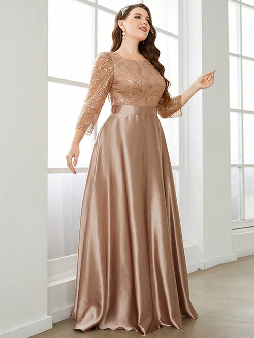 Mgiacy Crew neck long sleeve sequin patchwork satin long gown ball