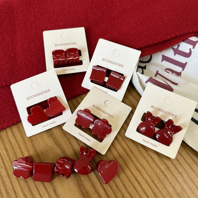2pcs New Year's Red Festival Mini Hair Clip Retro Red Edge Clip Cute