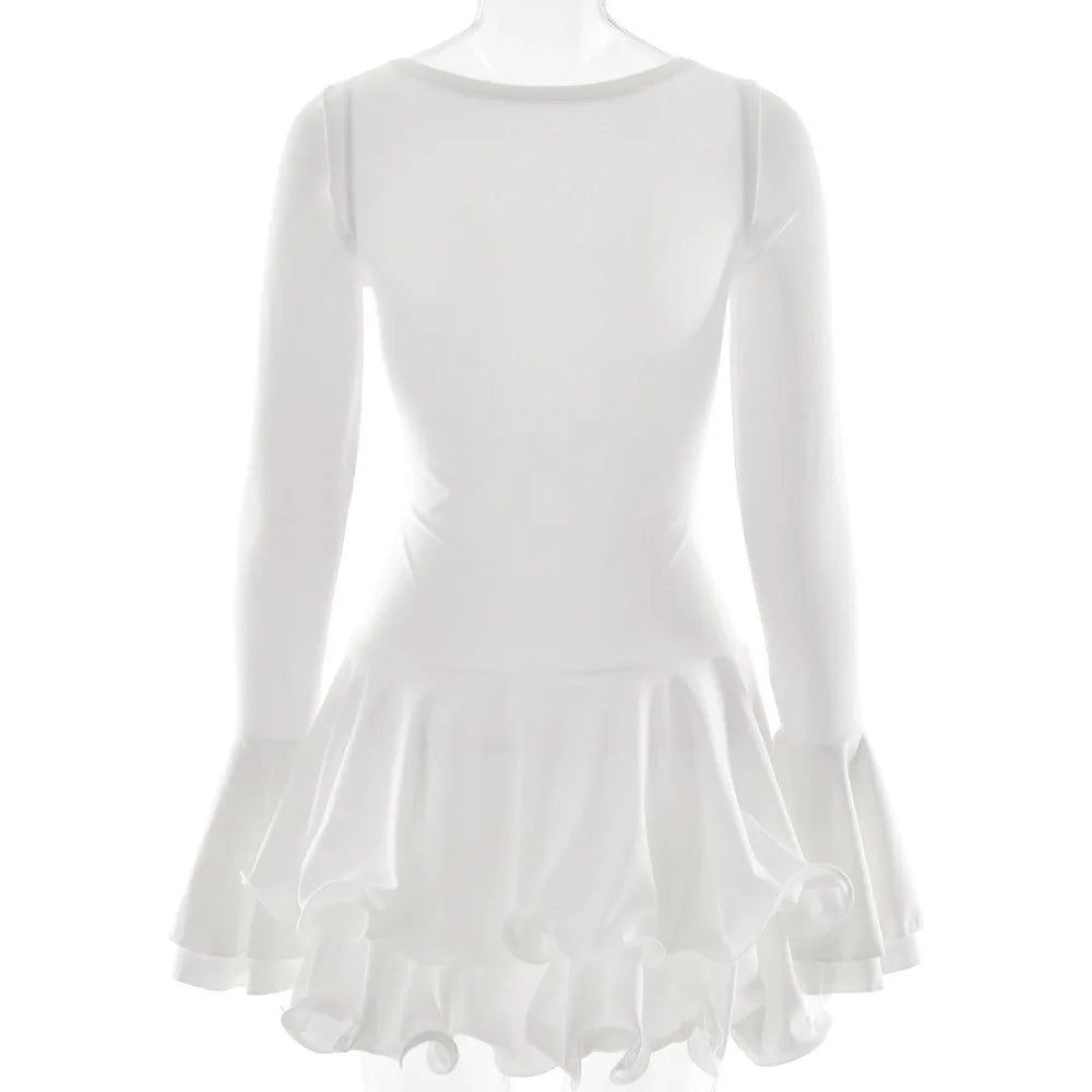 Flare Sleeve Ruffle Sexy V Neck Mini Dress Women Robe Irregular Single-breasted High Waist Slim A-line Club Dress