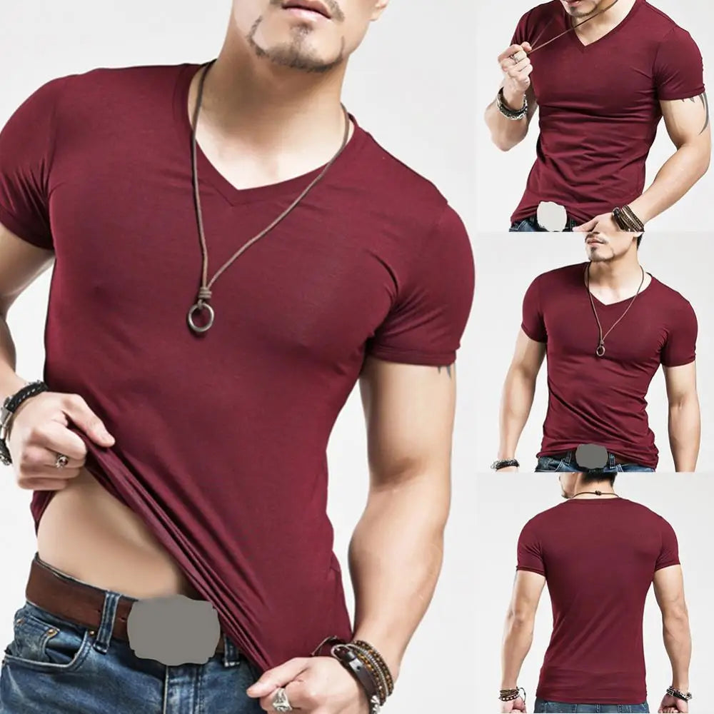 New Men T Shirt Fitness V neck Man T-shirt For Male Clothing