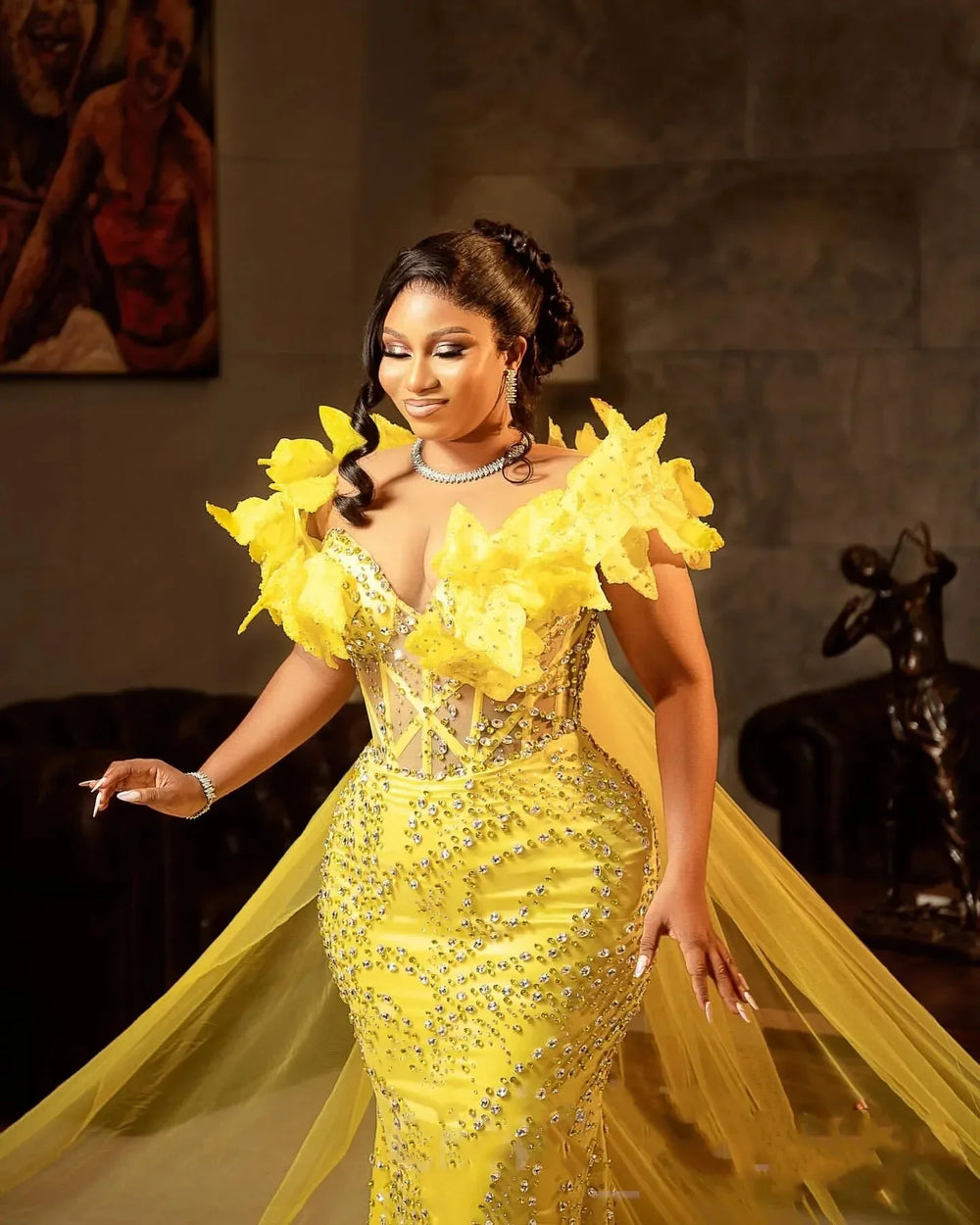 For Special Occasions Florals Rhinestones Sheer Neck Evening Formal Party  Birthday Yellow Mermaid Prom Dress
