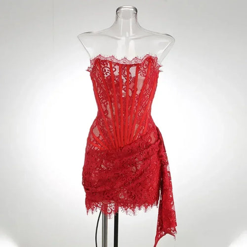 Talenza Women's Sexy Lace Dress Solid Color Sheer Patchwork High Waist