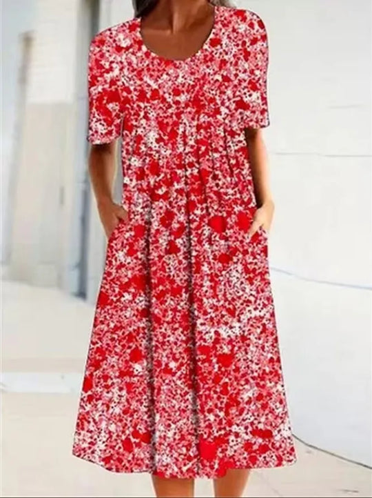 Summer Fashion Boho Floral Print Pocket Midi Dress For Women O Neck Short Sleeve Casual Loose Dress Female Women's Clothing