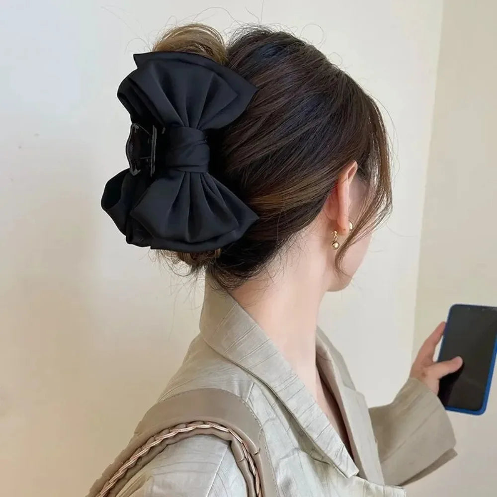 Elegant Women Bow Hair Claw Clips Double-sided Large Satin Shark Hair