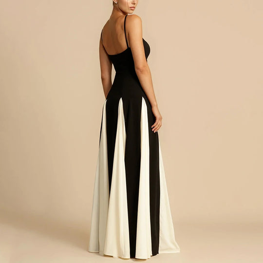 Sling Contrast Color Women's Dress V Neck Elegant Party Dress Fashion