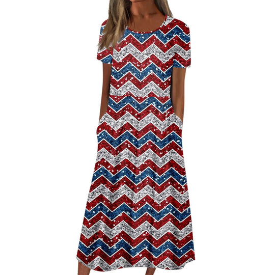 Women's Summer Dresses Casual Fashion Independence Day Printed Dress New Short Sleeved Round Neck Pocket Dress vestidos longos