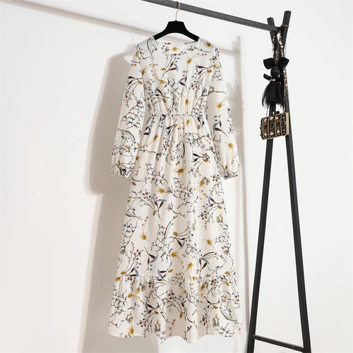 Spring Summer Women Maxi Dresses Casual Full Sleeve Floral Printed