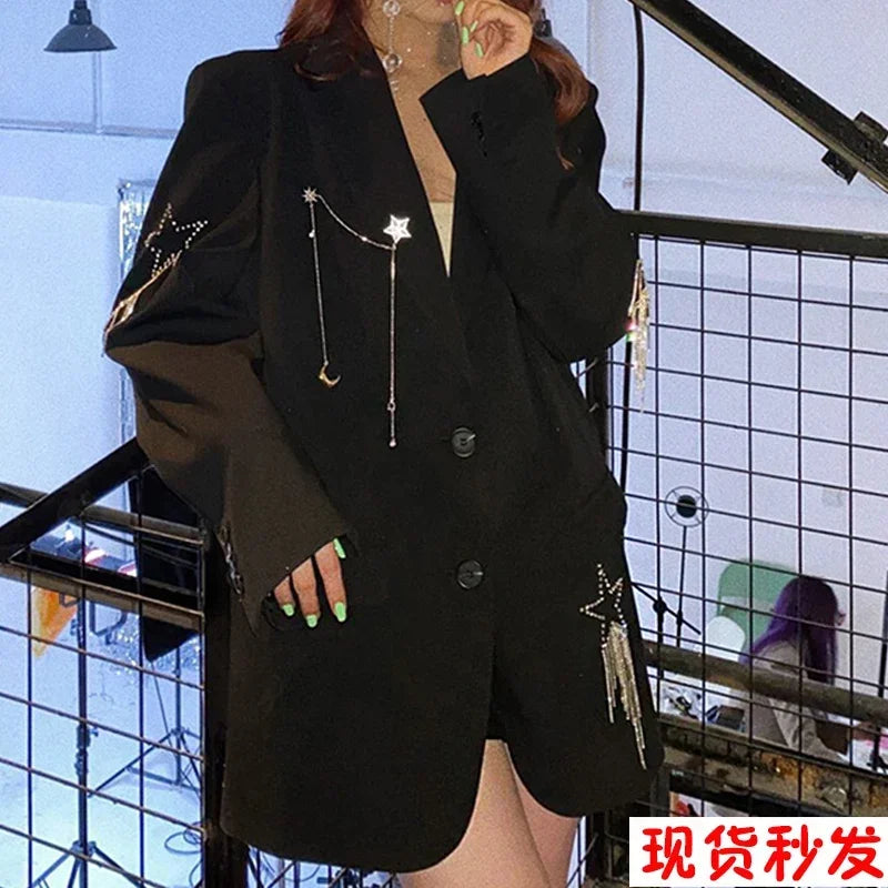 Women Black Diamonds Beaded Stars Tassels Blazers Coat Rhinestones