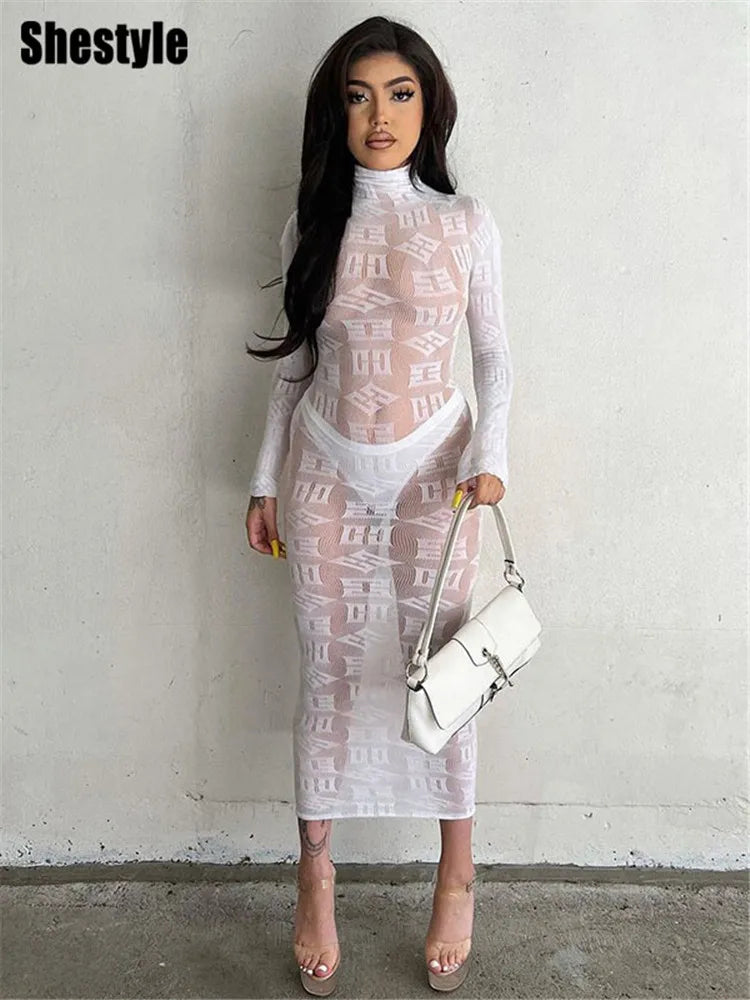 Shestyle See Through Super Elastic Long Pencil Dress Women Letter