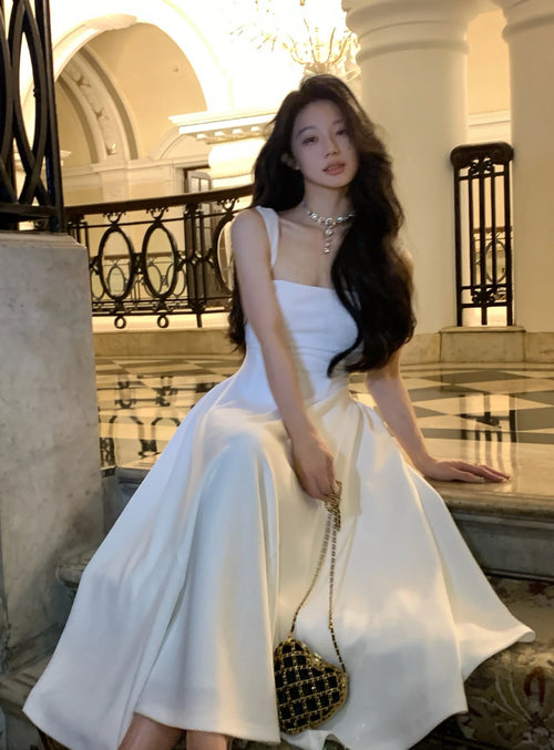 2024 Summer Solid Midi Dress Women French Elegant Holiday Party
