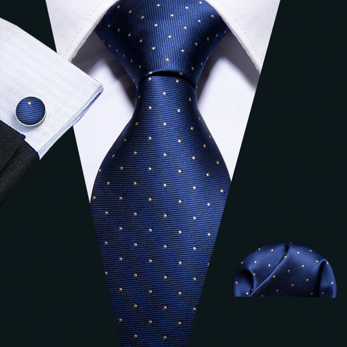 Men Tie Gold Navy Blue Striped Silk Tie 3.4" Jacquard Party