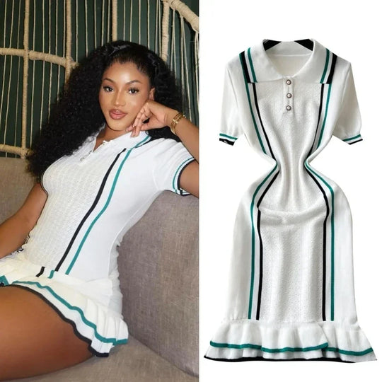 Women Color Patchwork Ruffles Hem Knitted Mini Dress Buttons Polo-neck
