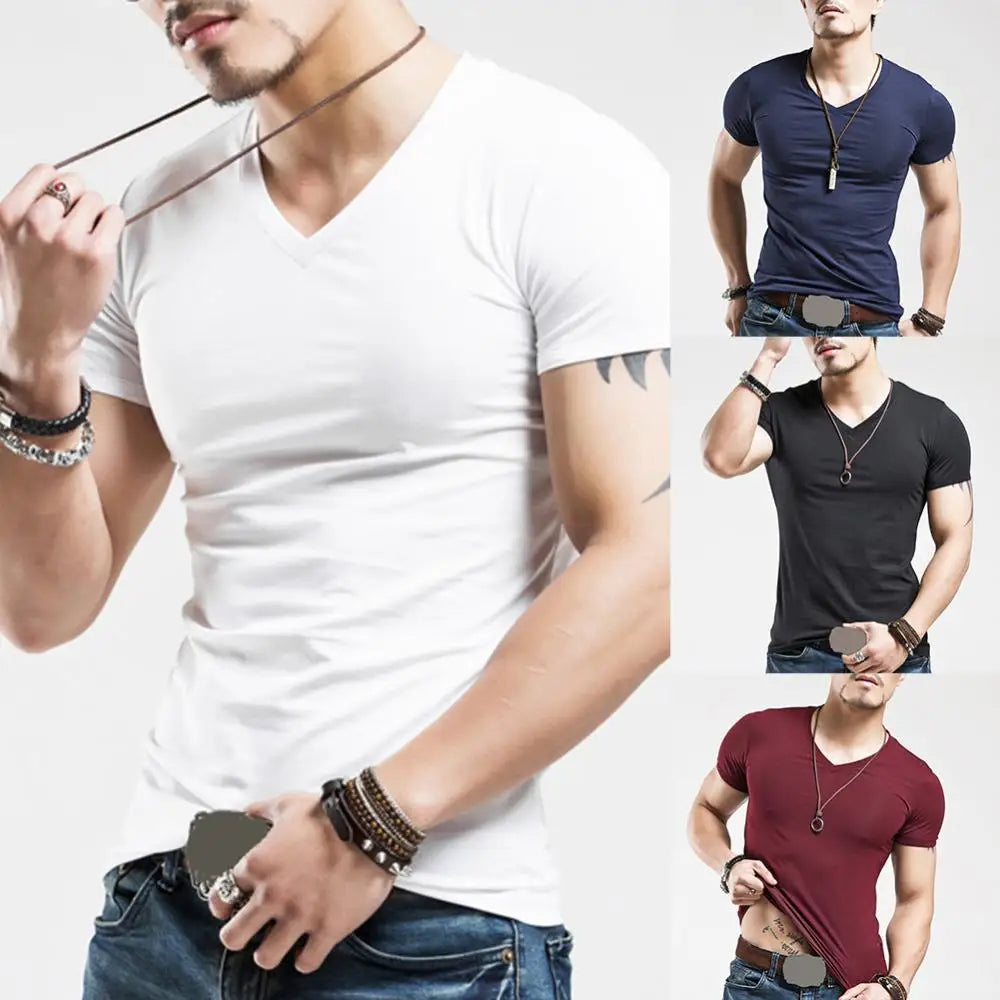 New Men T Shirt Fitness V neck Man T-shirt For Male Clothing