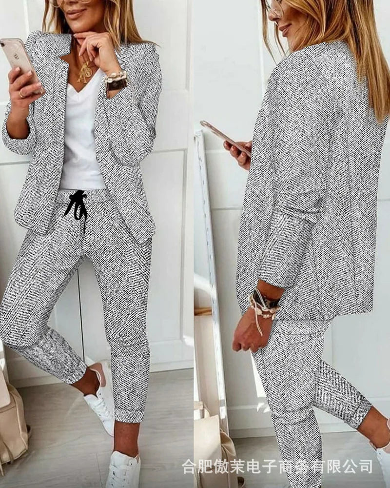 Women Print Blazer Suits Two Piece Pant Sets V Neck Coats Outerwear