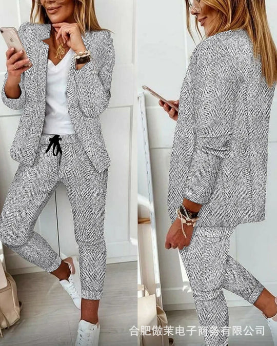 Women Print Blazer Suits Two Piece Pant Sets V Neck Coats Outerwear