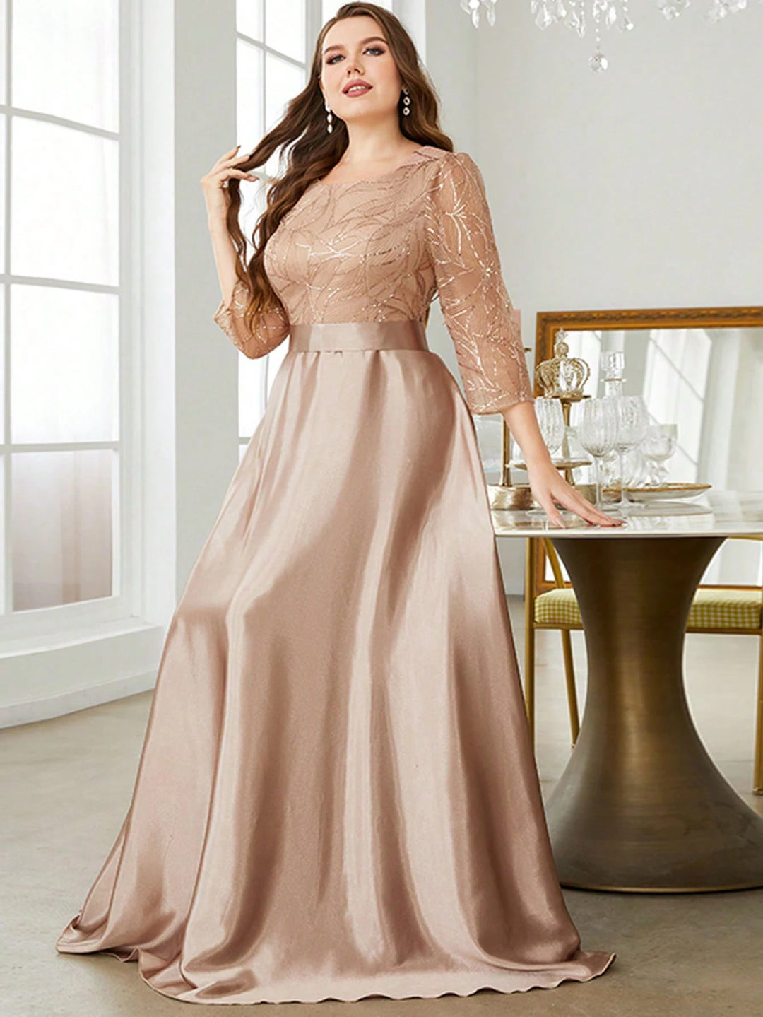 Mgiacy Crew neck long sleeve sequin patchwork satin long gown ball