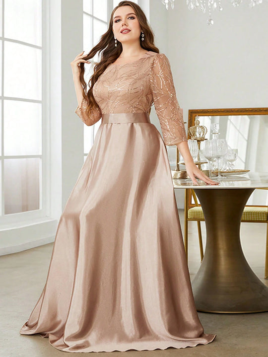 Mgiacy Crew neck long sleeve sequin patchwork satin long gown ball