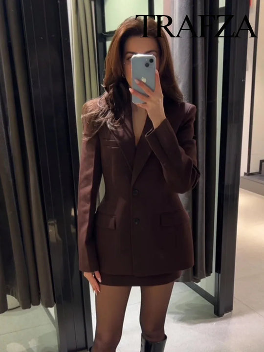 TRAFZA Women Fashion Suits Brown Turn-Down Collar Long Sleeves Single