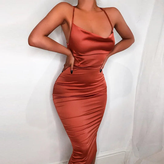 Neon Satin Lace Up Women's Long Midi Dress Light Pink Bodycon Backless Elegant Party Sexy Club Clothes Summer Dinner Outfit