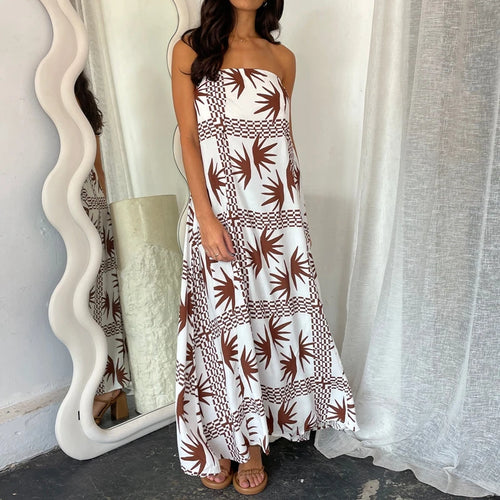 Beach Holiday Strapless Maxi Tube Dress Vintage Fruit Print Backless