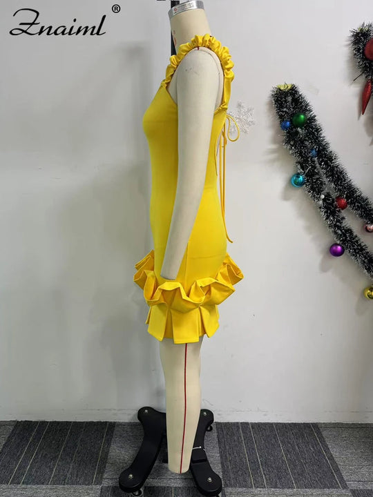 Znaiml Sexy Ruffle Bodycon Spaghetti Strap Sheath Yellow Mini Dresses