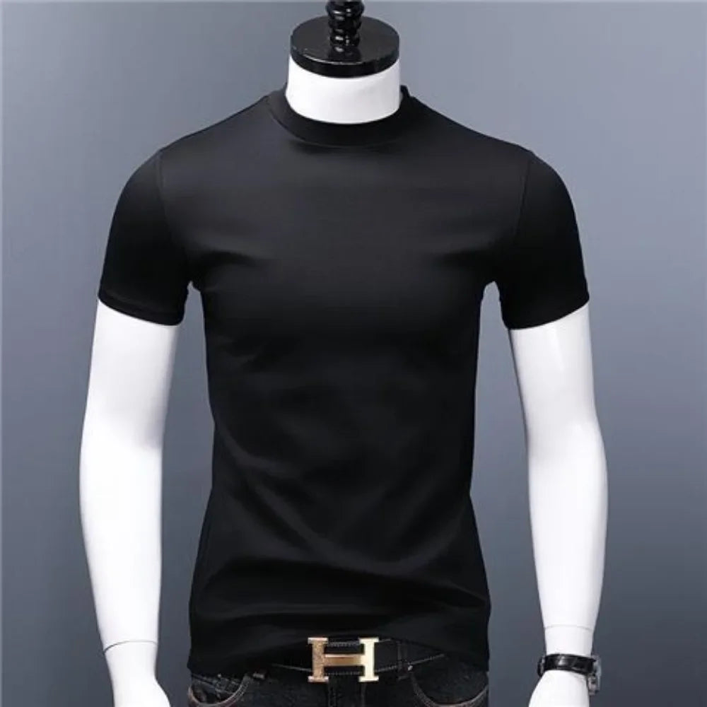 Men's Casual Turtleneck T-Shirts Short Sleeve Solid Slim Fit Silk High