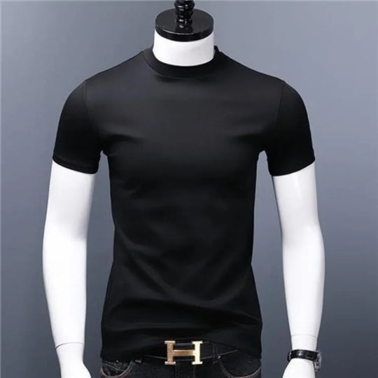 Men's Casual Turtleneck T-Shirts Short Sleeve Solid Slim Fit Silk High