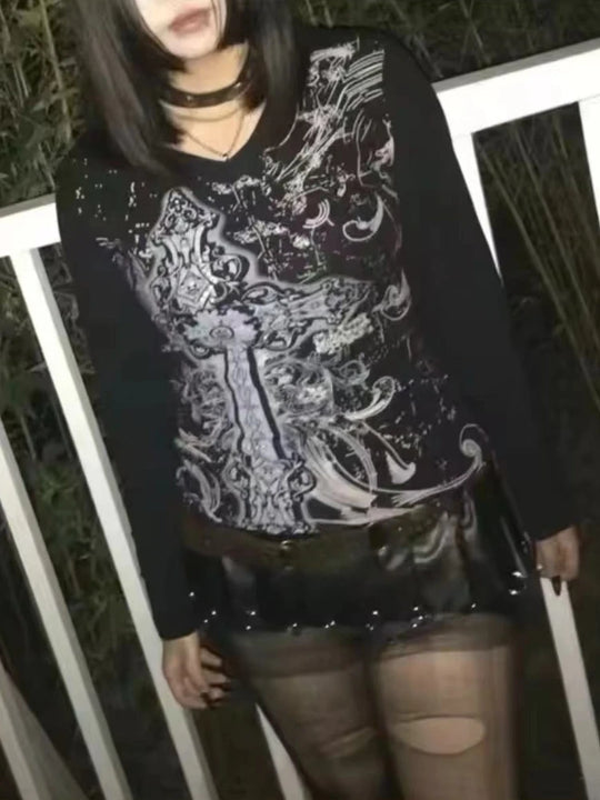 Black Vintage Gothic T-shirts Women Y2k Black Punk Graphic Hoodie