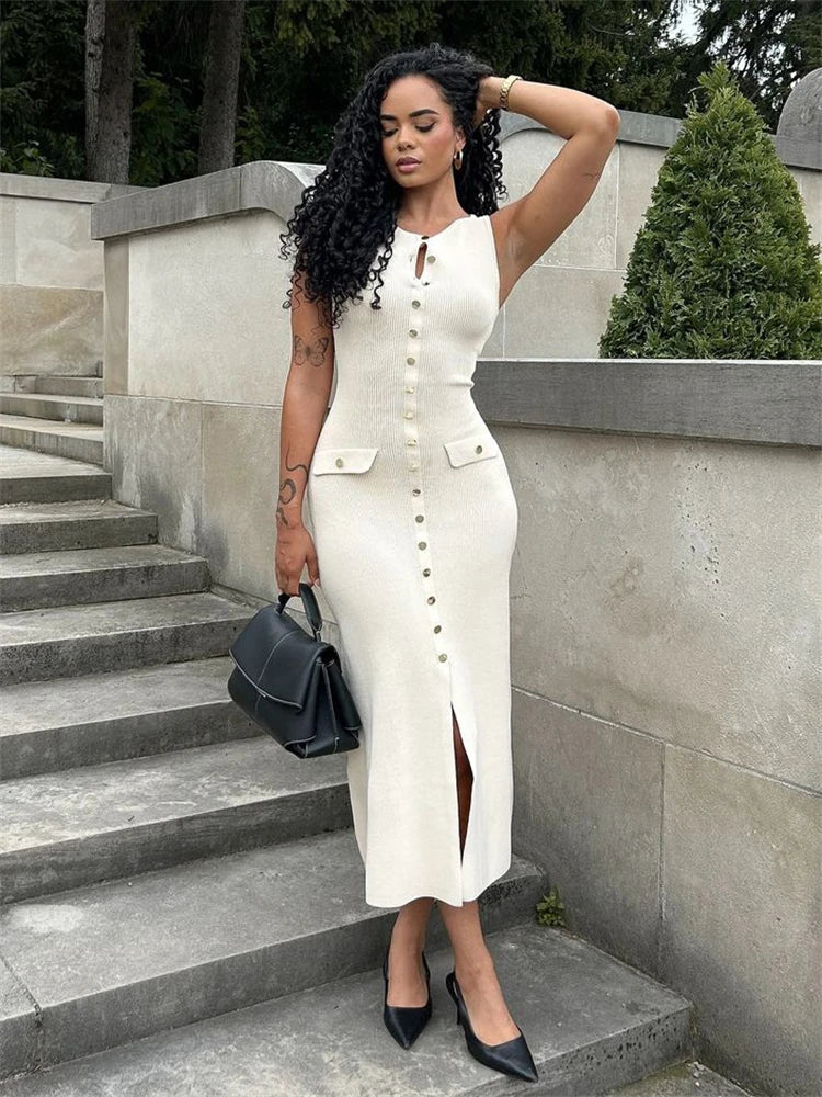 Knit Ribbed Cardigan Maxi Dress Female High Waist Slim Pocket