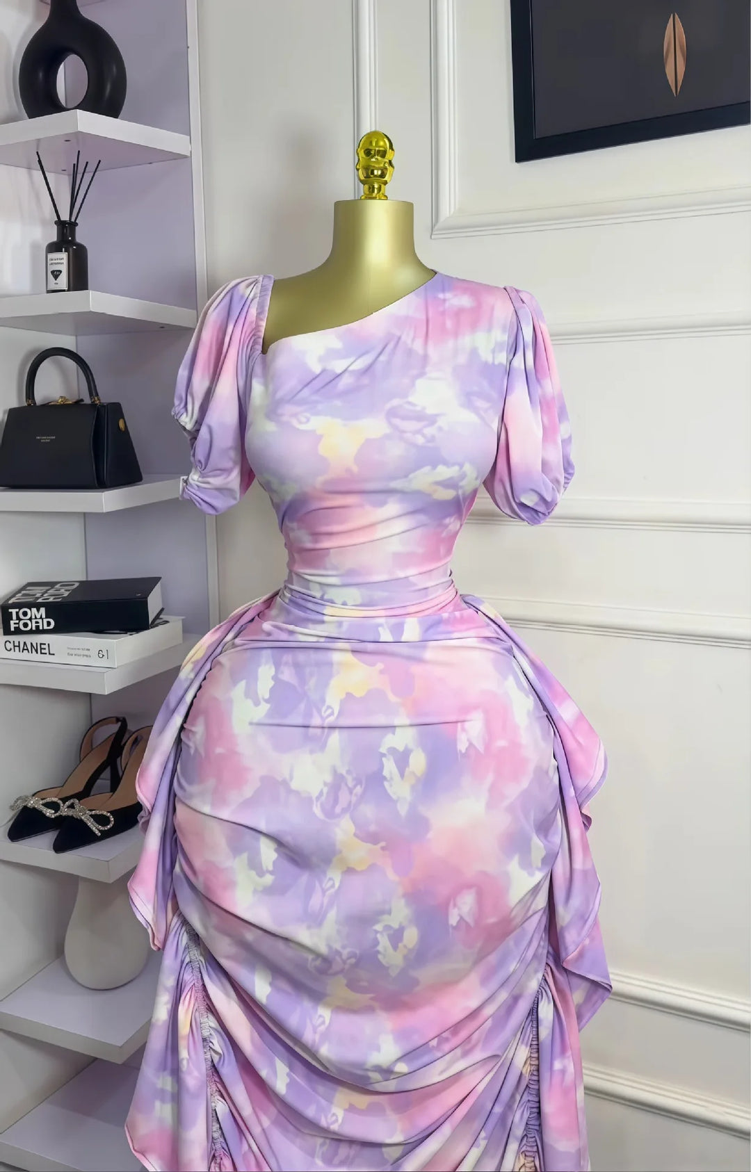 Women Tie Dye Printed Skew Neck Ruched Stacked Bodycon Midi Maxi Long Dress Vacation Holiday Sexy Vestidos Dresses