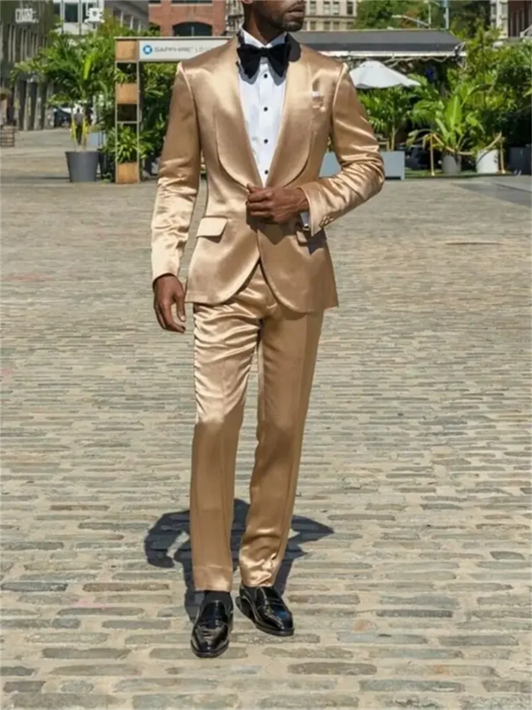 2 Pieces  Gold Silk Satin Men Suits Blazer Pants Groom Prom Party Wedding TuxedosCodtume Homme Mariage