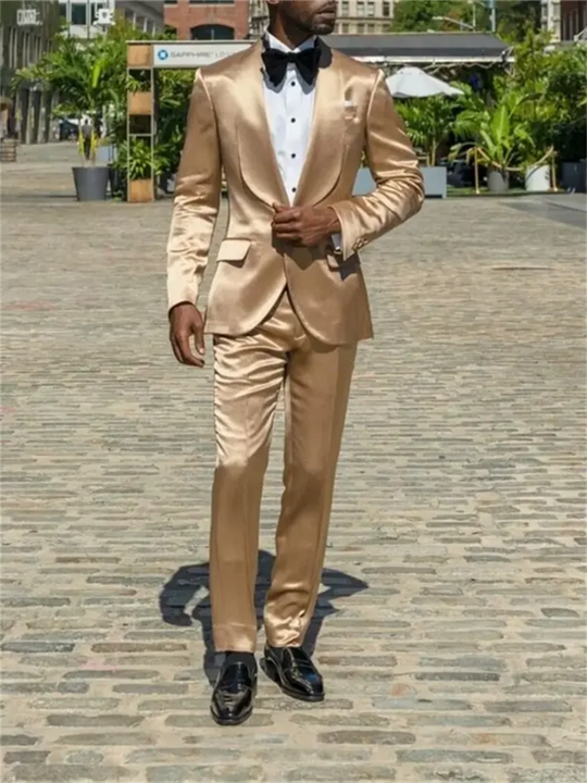 2 Pieces  Gold Silk Satin Men Suits Blazer Pants Groom Prom Party Wedding TuxedosCodtume Homme Mariage