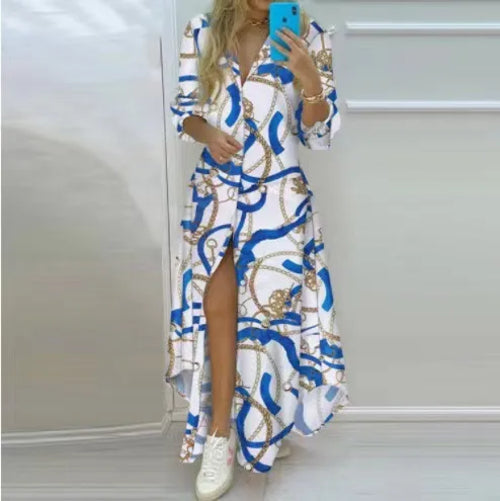 Women Boho Printed Long Shirts Dress Summer Turn-down Collar Long