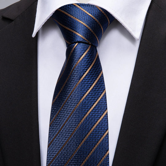 Men Tie Gold Navy Blue Striped Silk Tie 3.4" Jacquard Party