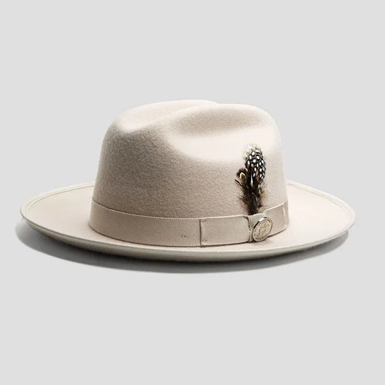 Warm Soft Lightweight Wool Felt Fedora Hat with Feather British Style Autumn Winter Versatile Unisex Adjustable Band
