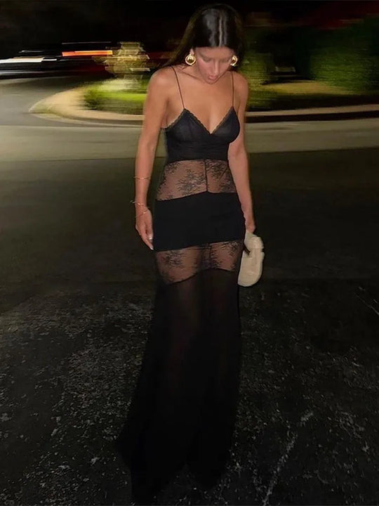 Lace See Through Sling Maxi Dress Women Sexy Slim Black Backless