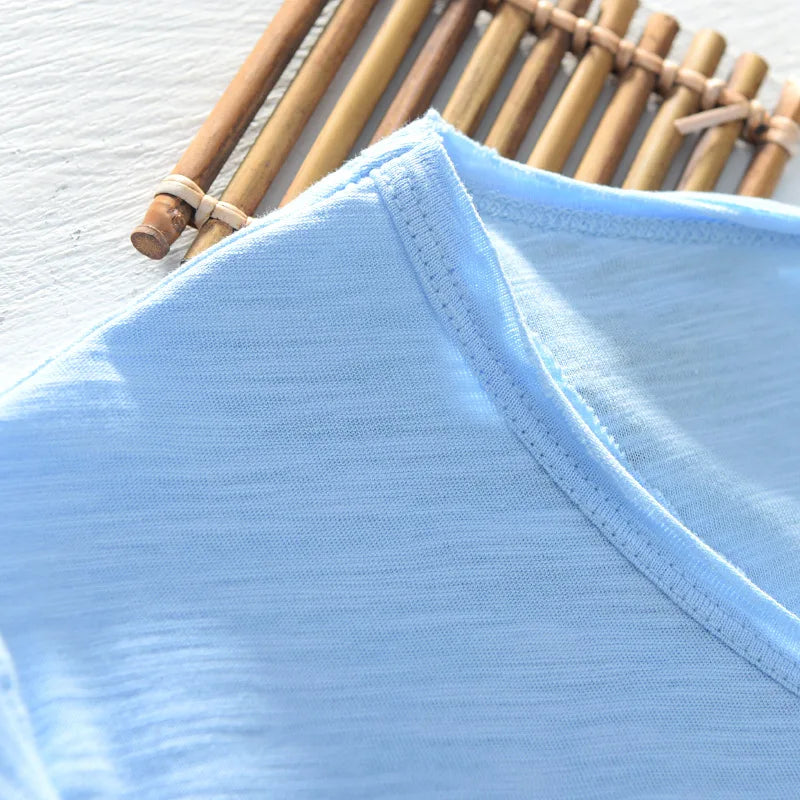 Summer T Shirt Men 100% Cotton Short Sleeve Tshirt V-neck Tops&Tee
