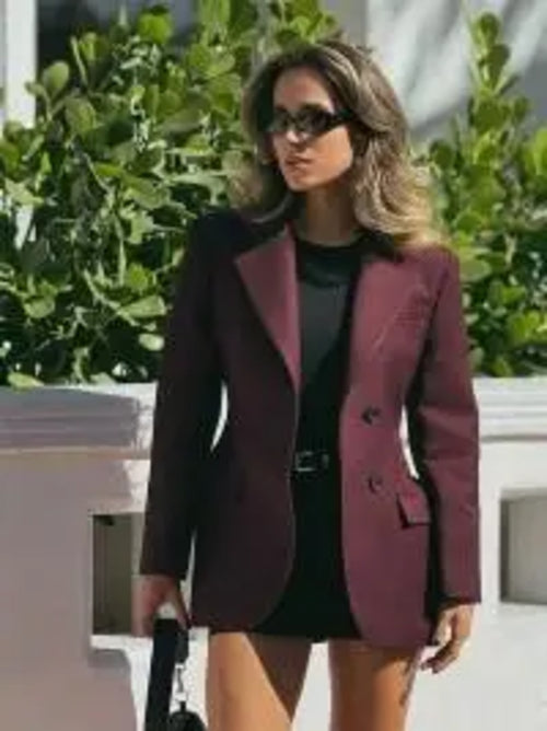 Classic Black Lapel High Waist Buttons Suit Overcoat Elegant Single