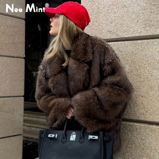 Neo Mint 2024 Winter Faux Fur Coat Women Brand Fashion Fluffy Fox Fur