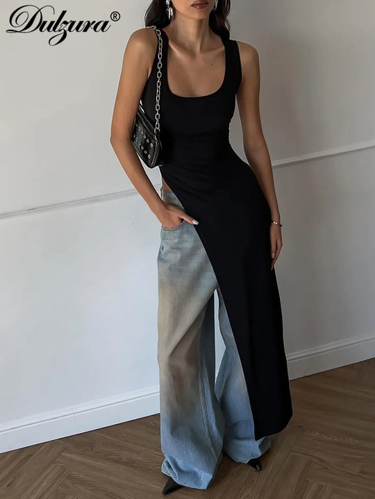 Dulzura 2024 Sexy Sleeveless Side High Split Dress Solid Backless