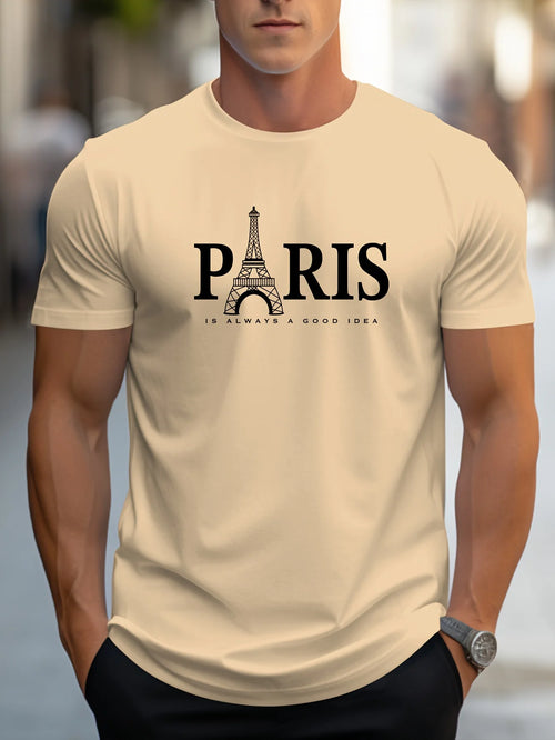 Summer Men's T Shirt Short Sleeve Paris Pattern Print Casual O-Neck