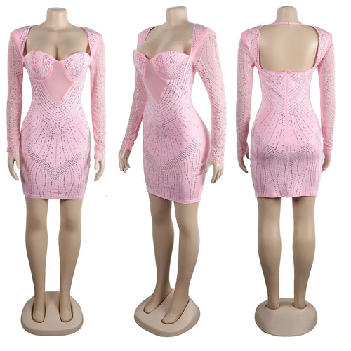 Sexy Bodycon Dress Women Long Sleeve Hollow Out Dress High Waist Low