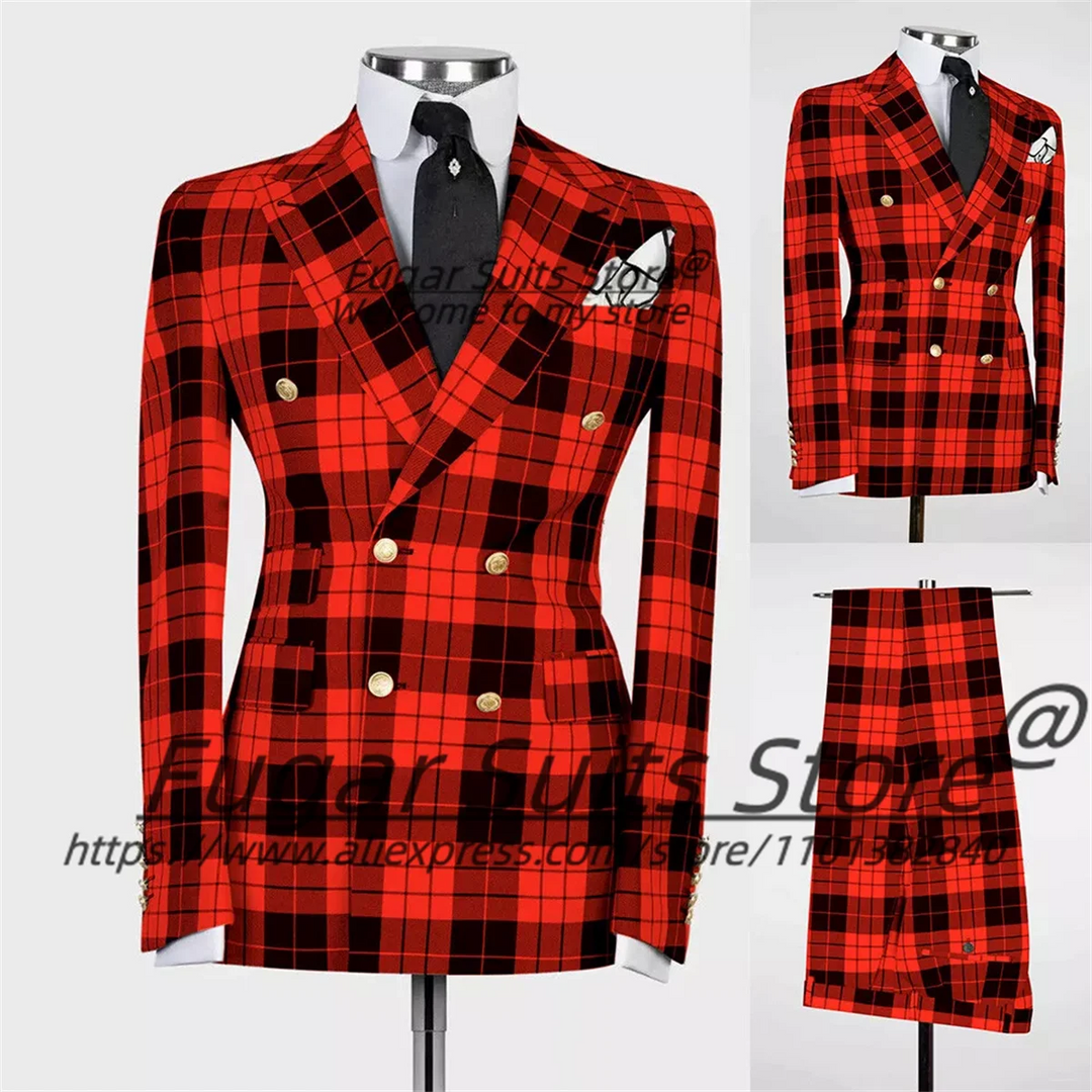 British Plaid Men Suits Slim Fit Double Breasted Groom Wedding Tuxedos 2 Pieces Sets Elegant Male Blazers Ropa Hombre