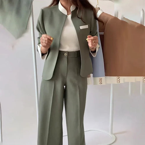 Pants Sets Two Piece Suit Elegant Women Blazer Cardigan Stand Collar