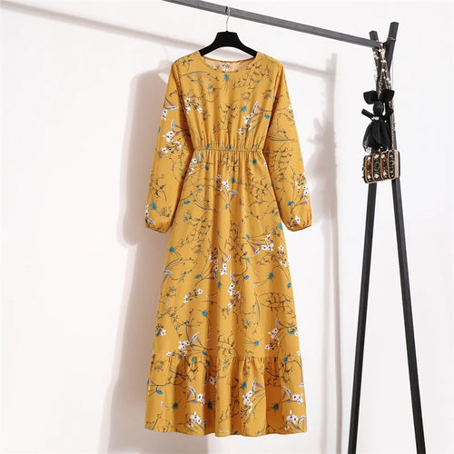 Spring Summer Women Maxi Dresses Casual Full Sleeve Floral Printed