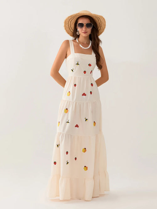wsevypo Elegant Flower/Strawberry Embroidery Long Flowy Hem Dress